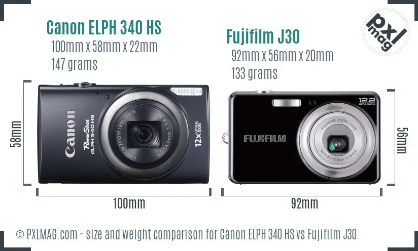 Canon ELPH 340 HS vs Fujifilm J30 size comparison