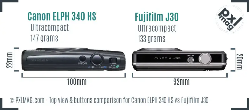 Canon ELPH 340 HS vs Fujifilm J30 top view buttons comparison