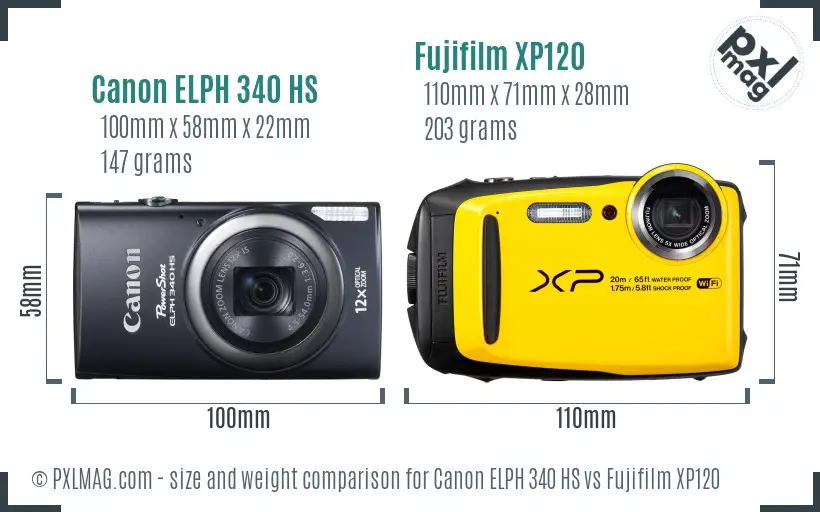 Canon ELPH 340 HS vs Fujifilm XP120 size comparison
