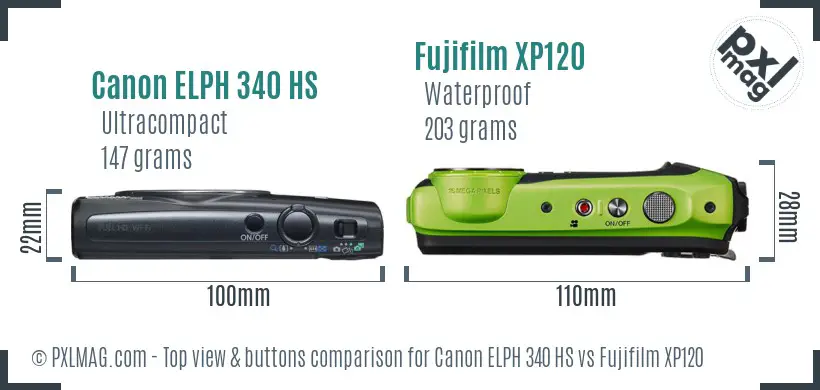 Canon ELPH 340 HS vs Fujifilm XP120 top view buttons comparison