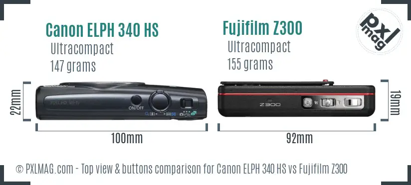 Canon ELPH 340 HS vs Fujifilm Z300 top view buttons comparison