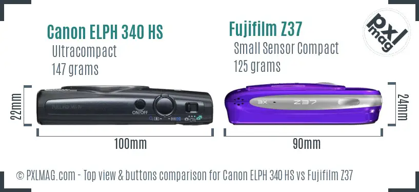 Canon ELPH 340 HS vs Fujifilm Z37 top view buttons comparison
