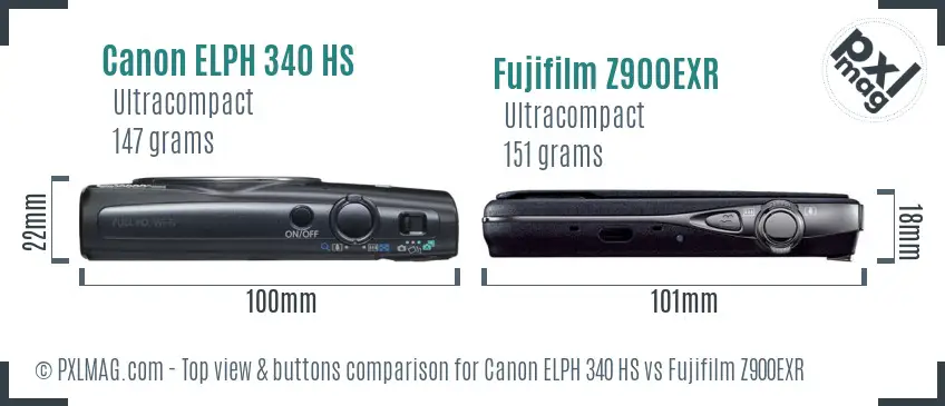 Canon ELPH 340 HS vs Fujifilm Z900EXR top view buttons comparison