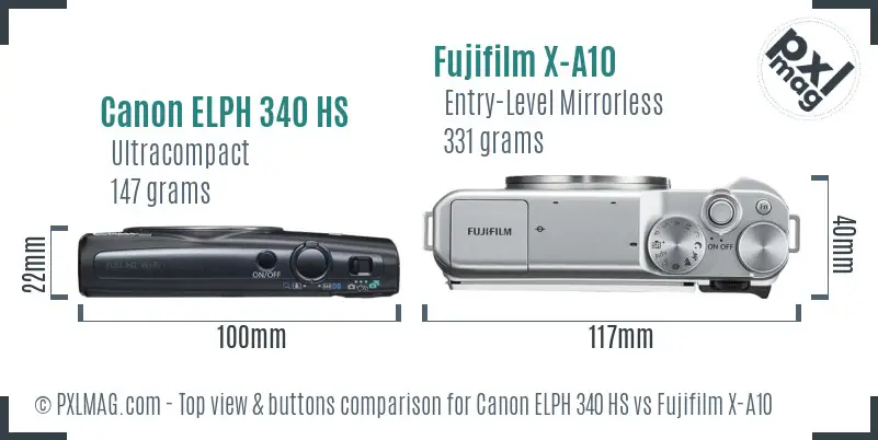 Canon ELPH 340 HS vs Fujifilm X-A10 top view buttons comparison Canon ELPH 340 HS vs Fujifilm X-A10 top view buttons comparison