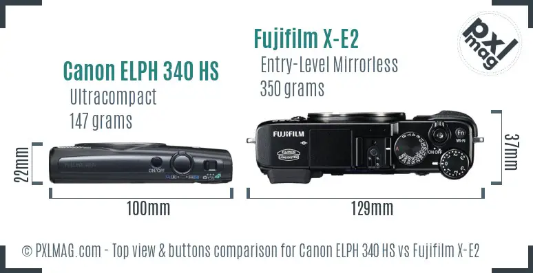 Canon ELPH 340 HS vs Fujifilm X-E2 top view buttons comparison