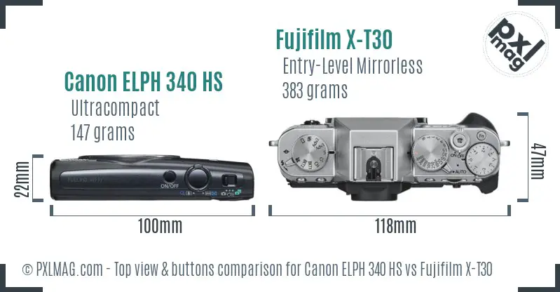 Canon ELPH 340 HS vs Fujifilm X-T30 top view buttons comparison