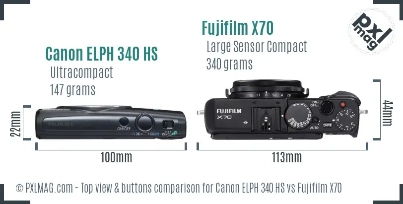 Canon ELPH 340 HS vs Fujifilm X70 top view buttons comparison
