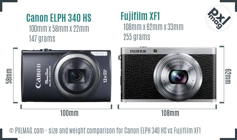 Canon ELPH 340 HS vs Fujifilm XF1 size comparison
