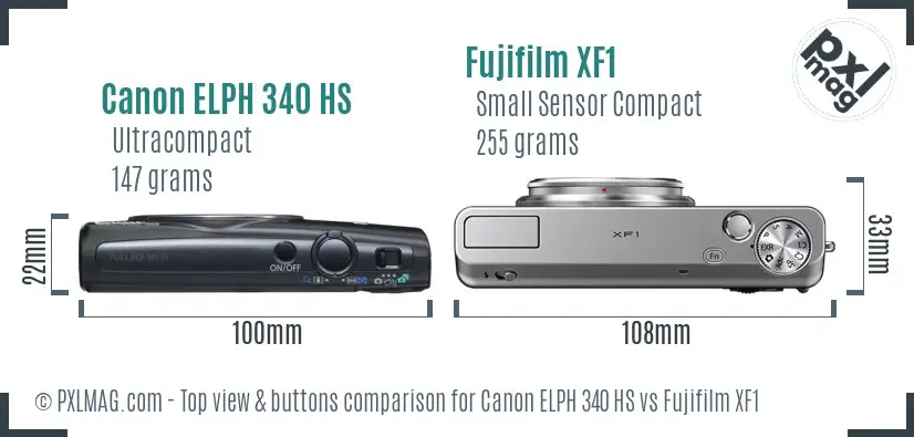 Canon ELPH 340 HS vs Fujifilm XF1 top view buttons comparison