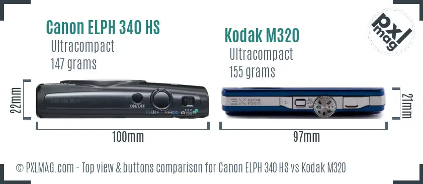 Canon ELPH 340 HS vs Kodak M320 top view buttons comparison