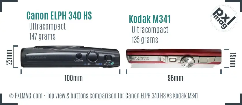 Canon ELPH 340 HS vs Kodak M341 top view buttons comparison