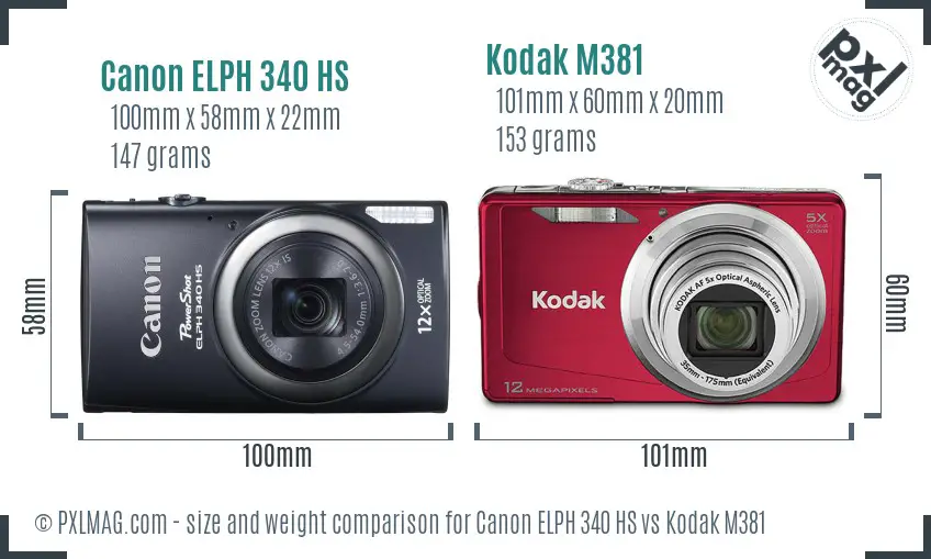 Canon ELPH 340 HS vs Kodak M381 size comparison