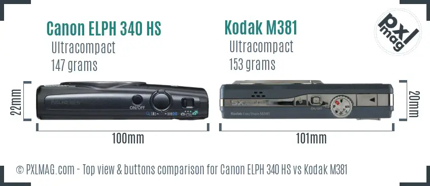 Canon ELPH 340 HS vs Kodak M381 top view buttons comparison