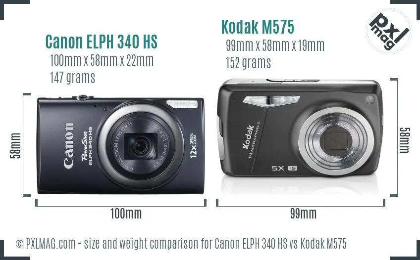 Canon ELPH 340 HS vs Kodak M575 size comparison