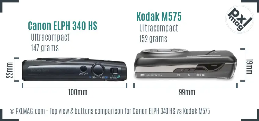 Canon ELPH 340 HS vs Kodak M575 top view buttons comparison