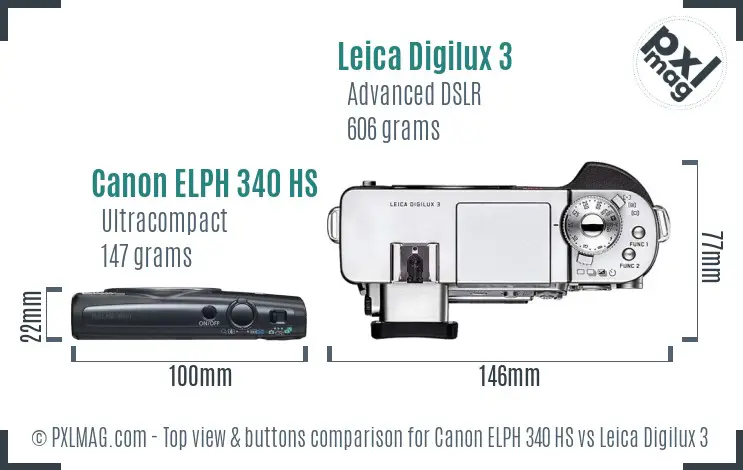 Canon ELPH 340 HS vs Leica Digilux 3 top view buttons comparison Canon ELPH 340 HS vs Leica Digilux 3 top view buttons comparison