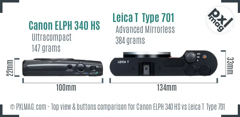 Canon ELPH 340 HS vs Leica T  Type 701 top view buttons comparison