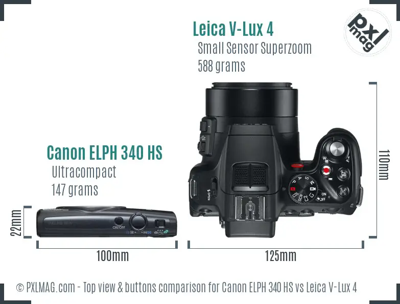 Canon ELPH 340 HS vs Leica V-Lux 4 top view buttons comparison Canon ELPH 340 HS vs Leica V-Lux 4 top view buttons comparison