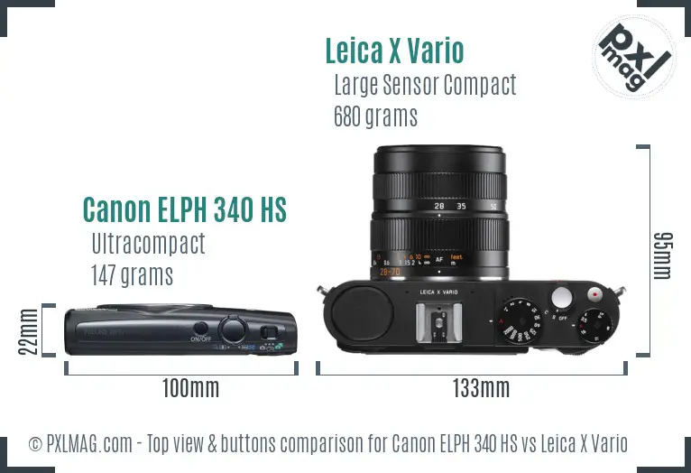 Canon ELPH 340 HS vs Leica X Vario top view buttons comparison Canon ELPH 340 HS vs Leica X Vario top view buttons comparison