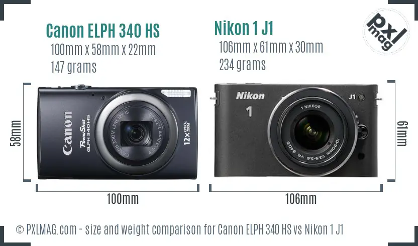 Canon ELPH 340 HS vs Nikon 1 J1 size comparison Canon ELPH 340 HS vs Nikon 1 J1 size comparison
