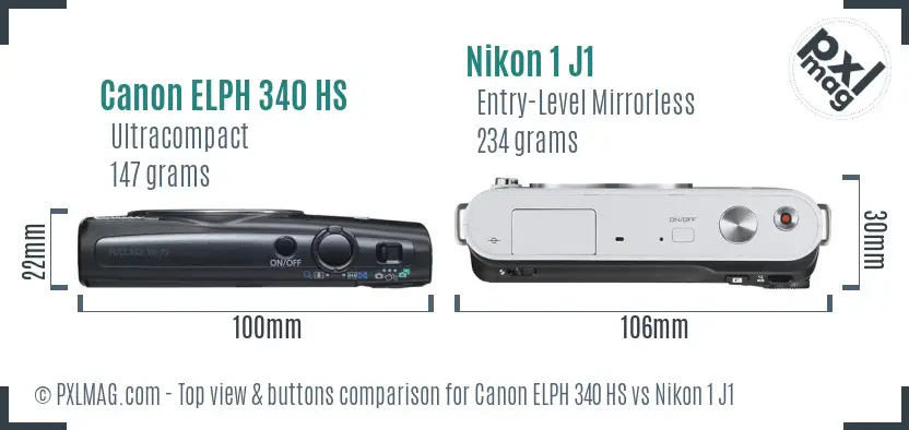 Canon ELPH 340 HS vs Nikon 1 J1 top view buttons comparison Canon ELPH 340 HS vs Nikon 1 J1 top view buttons comparison