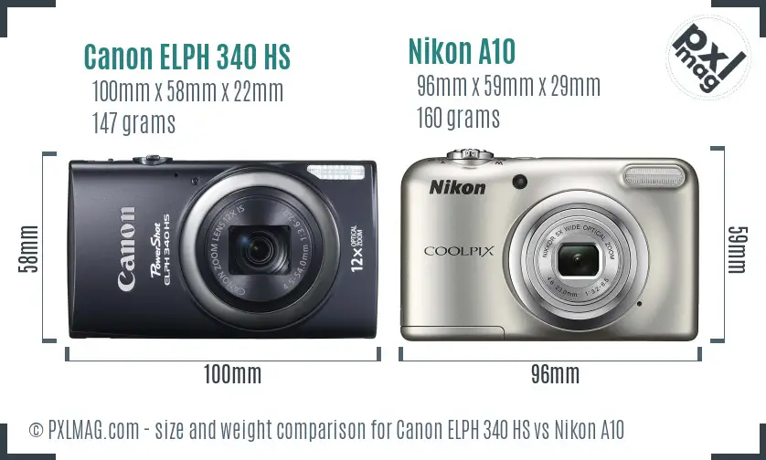 Canon ELPH 340 HS vs Nikon A10 size comparison