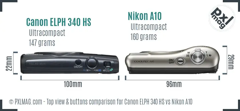 Canon ELPH 340 HS vs Nikon A10 top view buttons comparison
