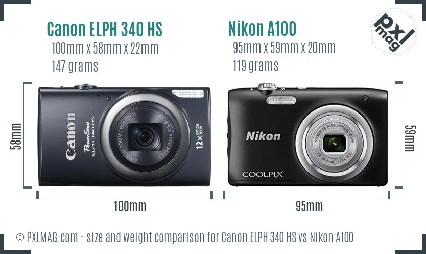 Canon ELPH 340 HS vs Nikon A100 size comparison