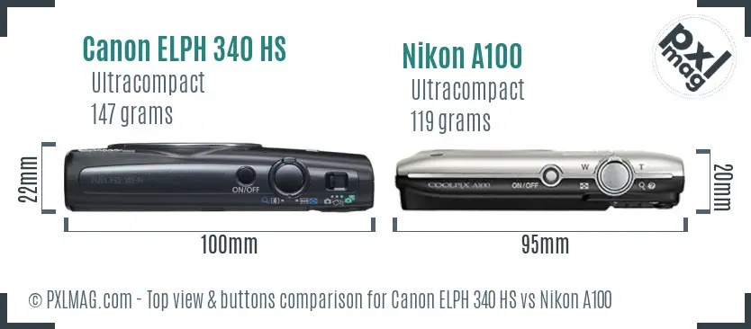 Canon ELPH 340 HS vs Nikon A100 top view buttons comparison