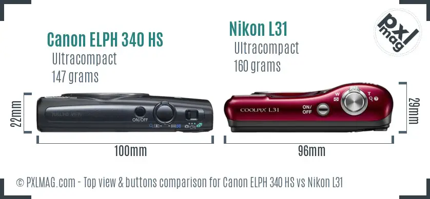 Canon ELPH 340 HS vs Nikon L31 top view buttons comparison