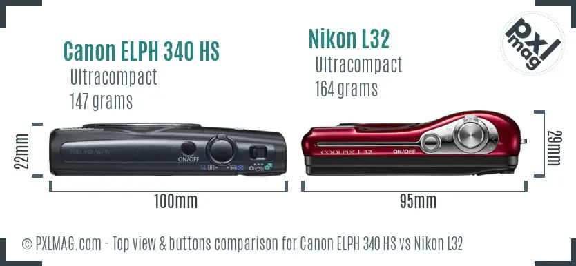 Canon ELPH 340 HS vs Nikon L32 top view buttons comparison