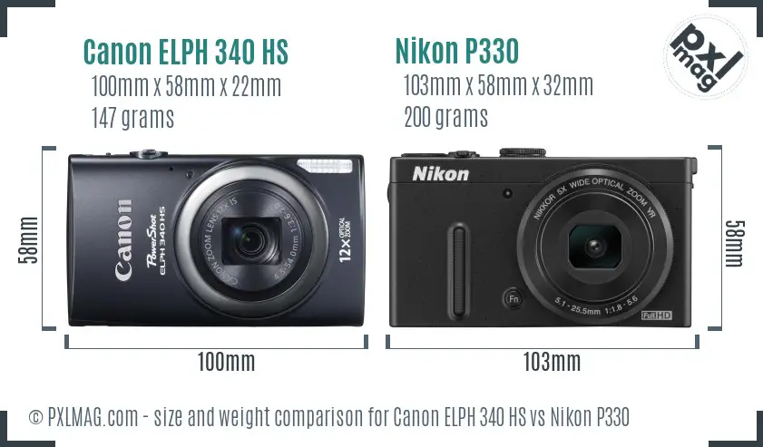 Canon ELPH 340 HS vs Nikon P330 size comparison