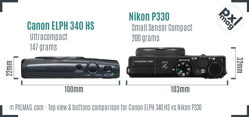 Canon ELPH 340 HS vs Nikon P330 top view buttons comparison