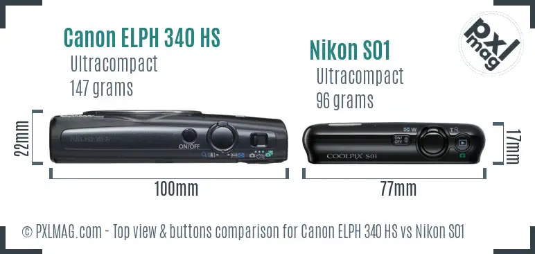 Canon ELPH 340 HS vs Nikon S01 top view buttons comparison