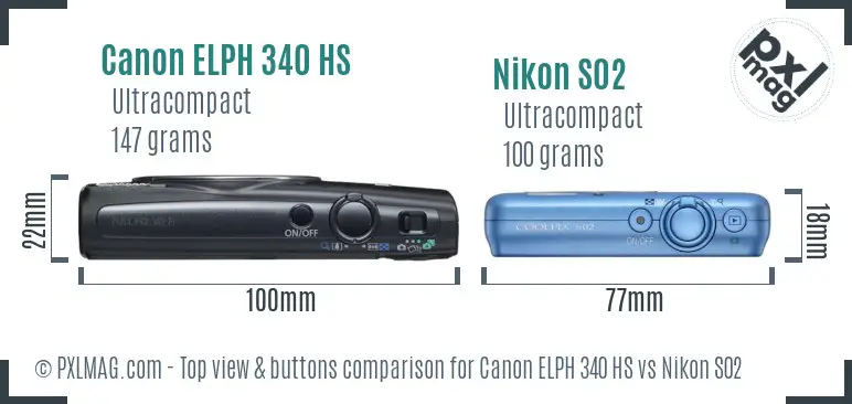 Canon ELPH 340 HS vs Nikon S02 top view buttons comparison
