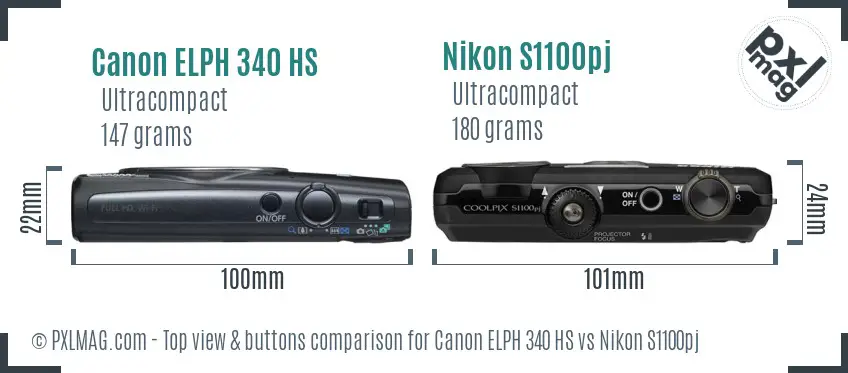 Canon ELPH 340 HS vs Nikon S1100pj top view buttons comparison