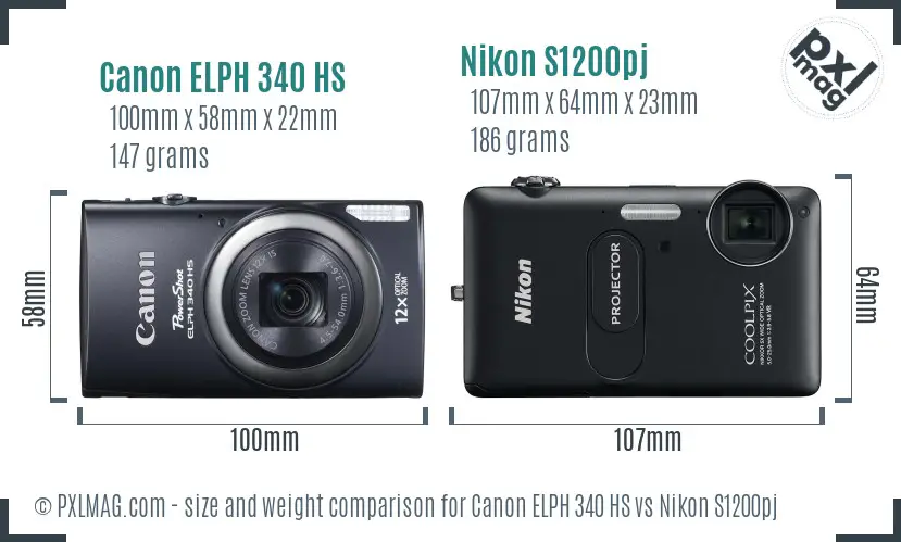 Canon ELPH 340 HS vs Nikon S1200pj size comparison