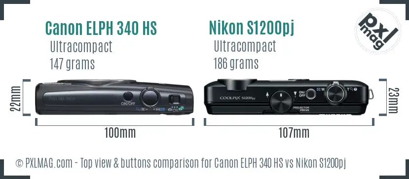 Canon ELPH 340 HS vs Nikon S1200pj top view buttons comparison