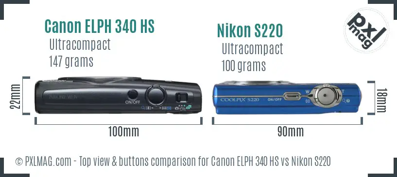 Canon ELPH 340 HS vs Nikon S220 top view buttons comparison
