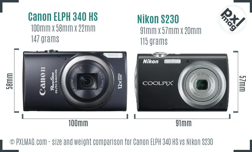 Canon ELPH 340 HS vs Nikon S230 size comparison Canon ELPH 340 HS vs Nikon S230 size comparison