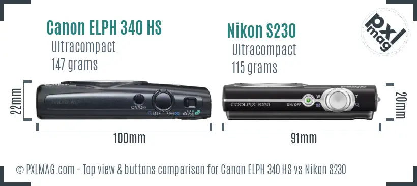 Canon ELPH 340 HS vs Nikon S230 top view buttons comparison Canon ELPH 340 HS vs Nikon S230 top view buttons comparison