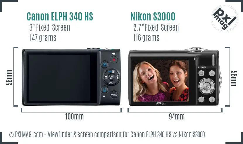 Canon ELPH 340 HS vs Nikon S3000 Screen and Viewfinder comparison