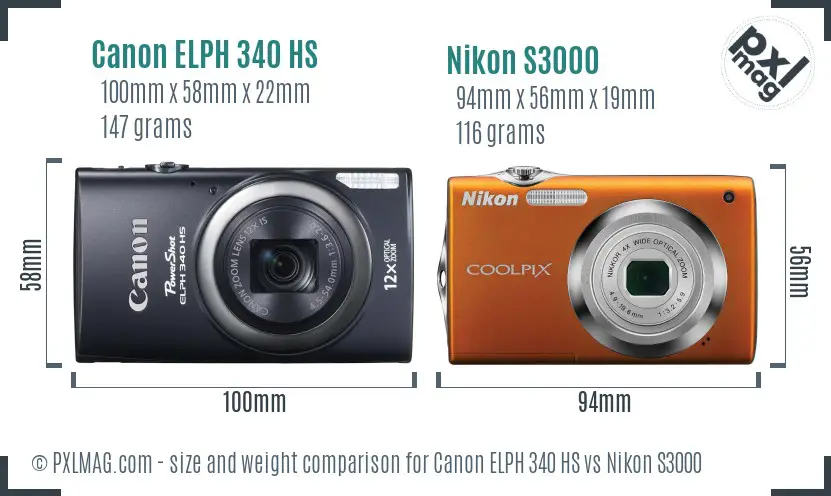 Canon ELPH 340 HS vs Nikon S3000 size comparison