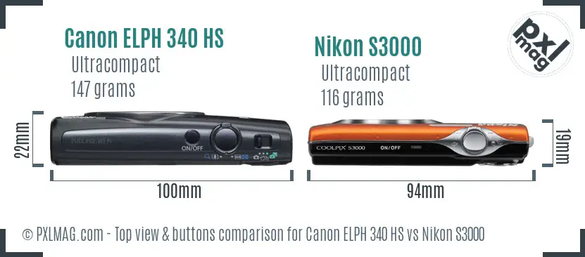 Canon ELPH 340 HS vs Nikon S3000 top view buttons comparison