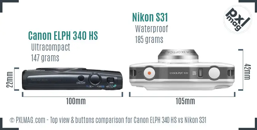 Canon ELPH 340 HS vs Nikon S31 top view buttons comparison