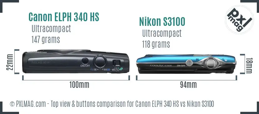 Canon ELPH 340 HS vs Nikon S3100 top view buttons comparison Canon ELPH 340 HS vs Nikon S3100 top view buttons comparison