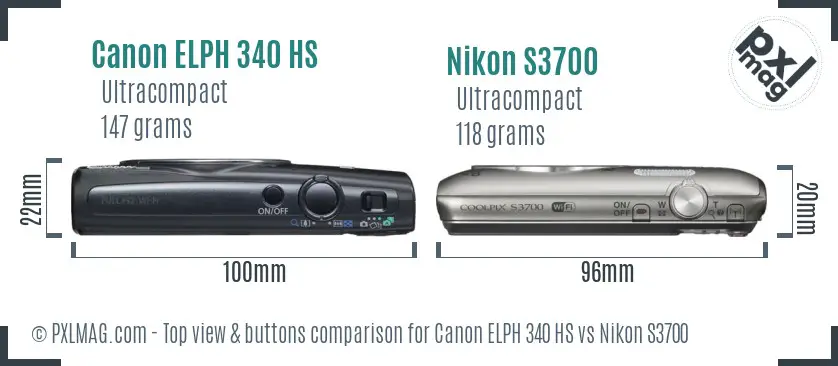 Canon ELPH 340 HS vs Nikon S3700 top view buttons comparison