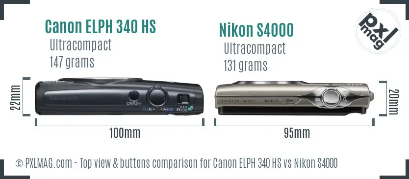 Canon ELPH 340 HS vs Nikon S4000 top view buttons comparison