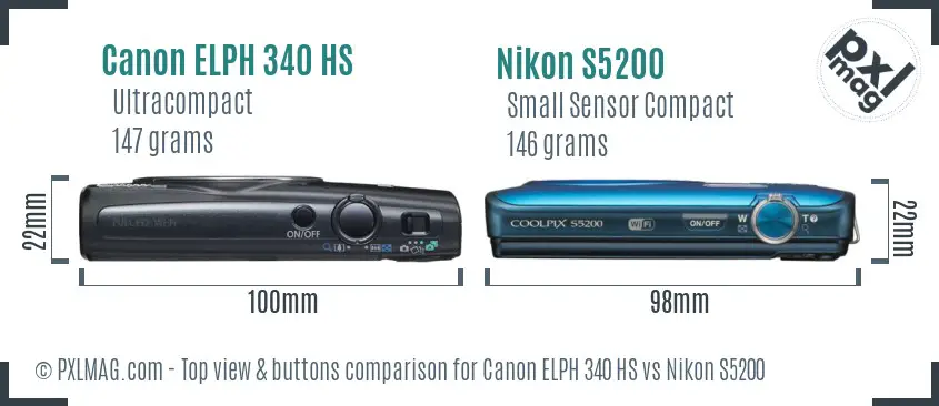 Canon ELPH 340 HS vs Nikon S5200 top view buttons comparison