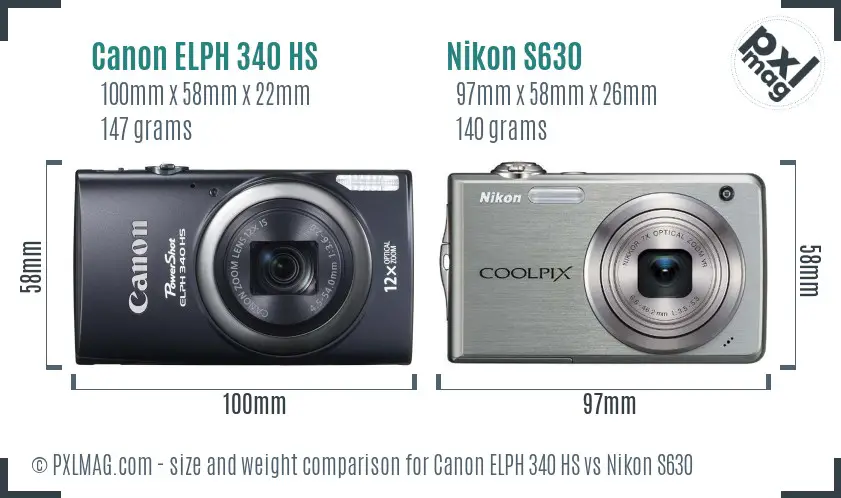 Canon ELPH 340 HS vs Nikon S630 size comparison